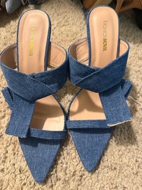 Fashion Nova Blue Denim Cross-Strap Pointed Mules